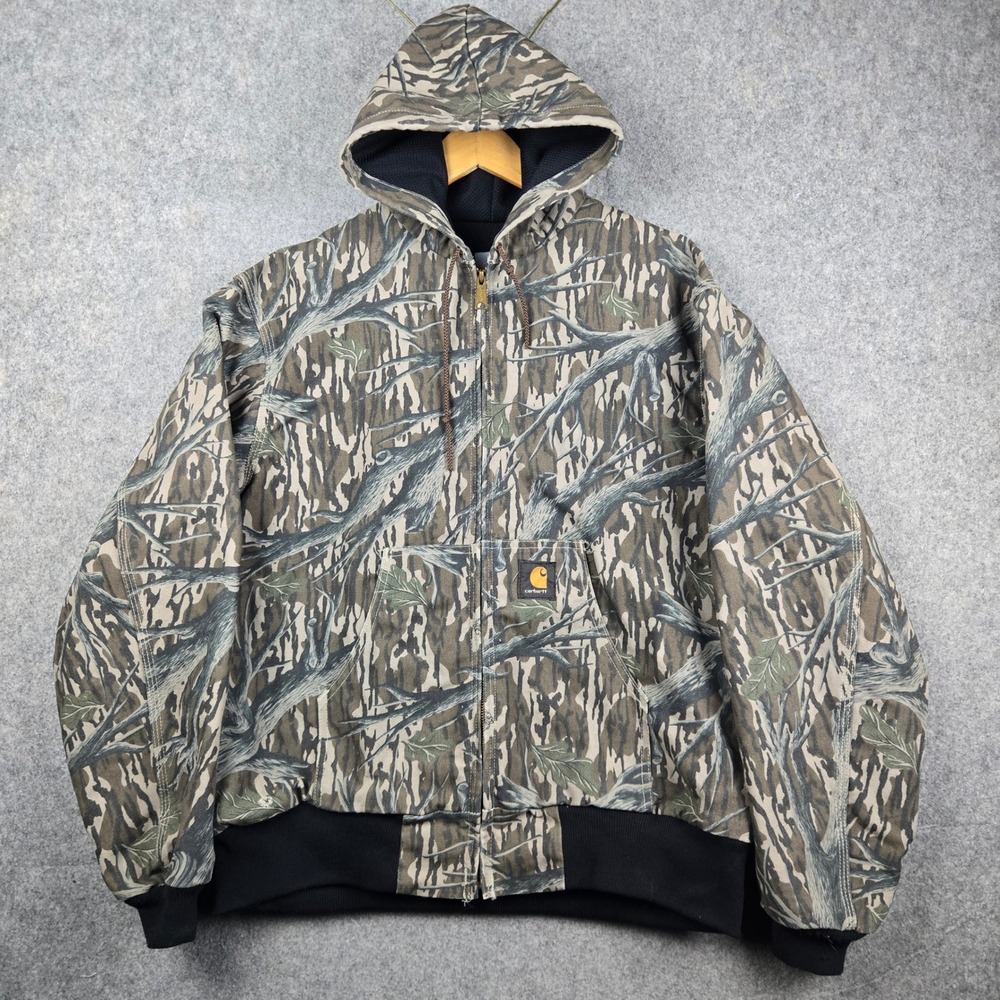 Vintage Carhartt JR345 Active Jacket Mens XL Green Camo Mossy Oak Hooded 90s